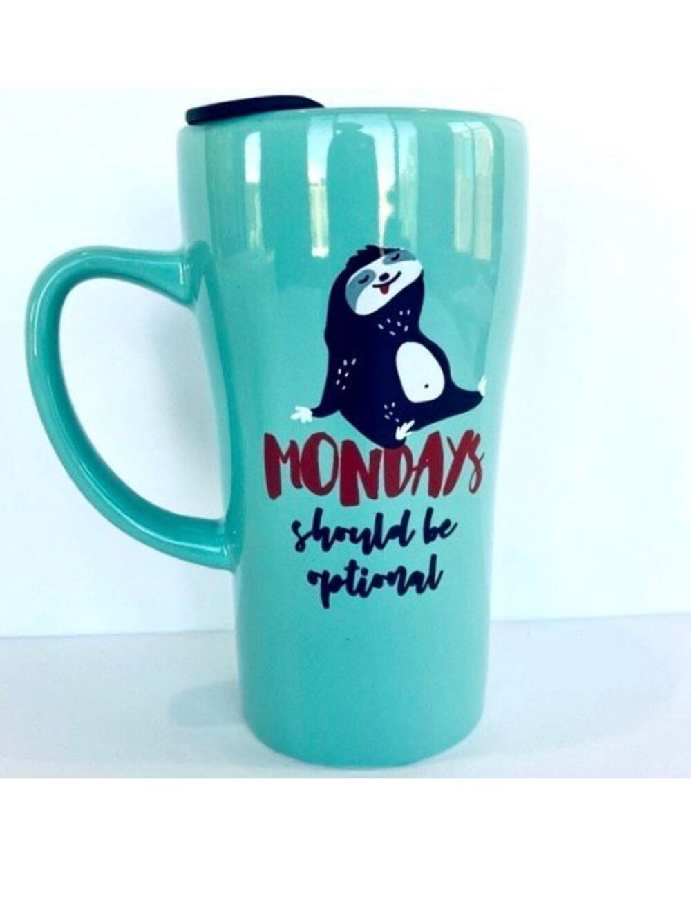 NWT Clay Art Sloth Mondays Should be Optional Blue Ceramic Tall Tumbler Lid Mug